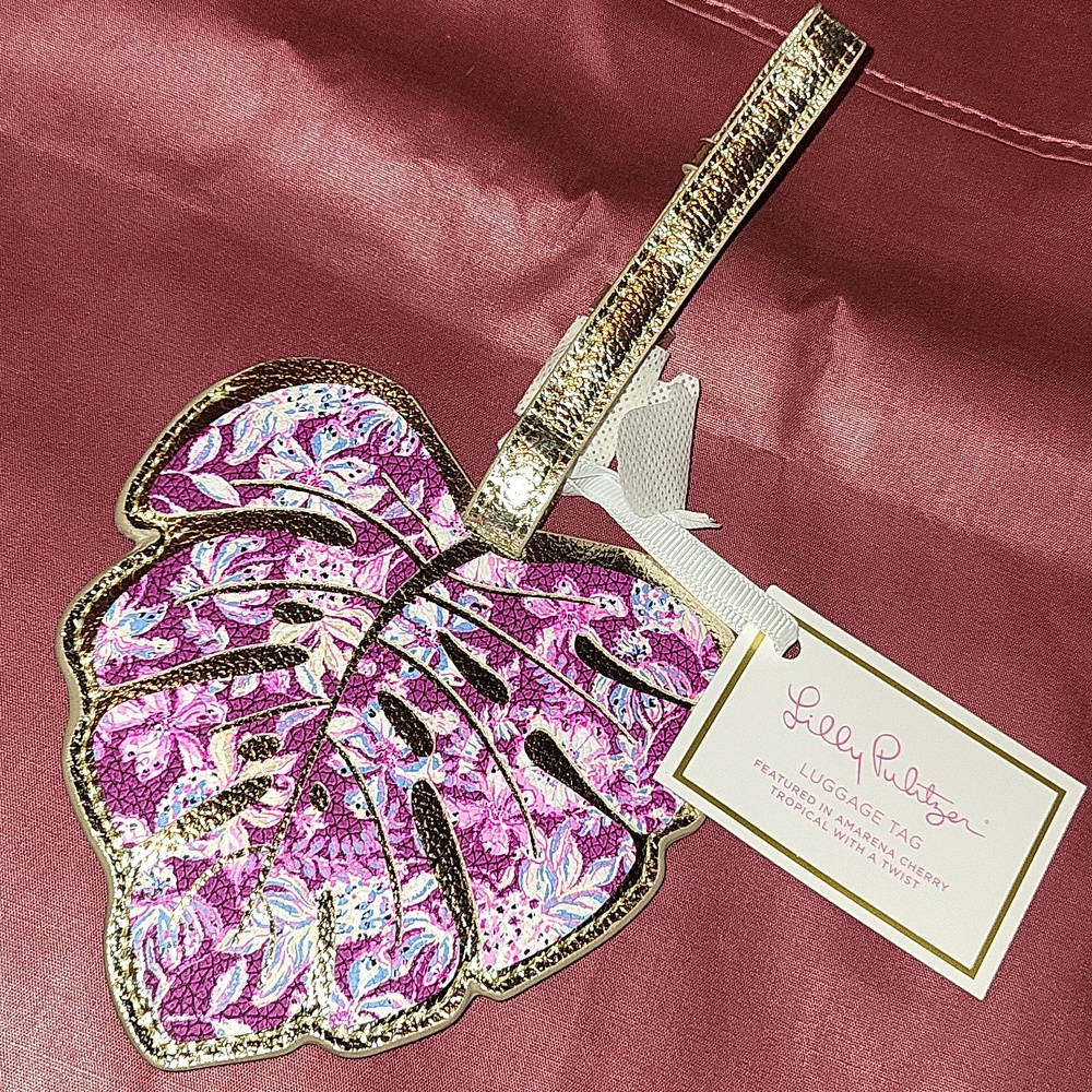 Lilly Pulitzer Gold & Pink Tropical Leaf Luggage Tag Bnwt Ls
